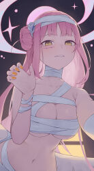 Rule 34 | 1girl, absurdres, bandages, blue archive, blush, breasts, collarbone, commentary, english commentary, fang, flower, hair bun, hair flower, hair ornament, hair ribbon, halloween, halo, highres, jewelry, large breasts, long hair, looking at viewer, low wings, mika (blue archive), mummy costume, naked bandage, navel, orange nails, pink hair, pink halo, purple flower, revision, ribbon, ruha (ruha12haru), single side bun, smile, solo, stomach, thighlet, white ribbon, white wings, wings, yellow eyes