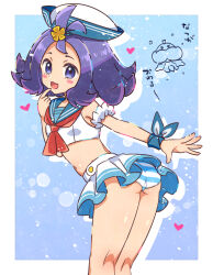 1girl :d acerola_(pokemon) acerola_(summer_2024)_(pokemon) adapted_costume armlet blue_background blush_stickers border commentary_request creatures_(company) cropped_shirt flipped_hair frilled_skirt frills game_freak gen_5_pokemon hand_up hat heart index_finger_raised jellicent jewelry kneepits midriff navel neckerchief nintendo open_mouth panties pokemon pokemon_masters_ex purple_eyes purple_hair red_neckerchief ribbon sailor_collar shirt skirt smile soumendaze striped_clothes striped_panties underwear white_border white_hat white_shirt wrist_ribbon