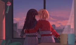 2girls belt black_hair blonde_hair blue_belt blue_dress blush closed_eyes commentary_request cup curtains detached_sleeves dress dusk hair_ribbon highres indoors inoue_takina kiss long_hair long_sleeves lycoris_recoil lycoris_uniform milktea_(gggrrr2000) mug multiple_girls nishikigi_chisato one_side_up open_window pleated_dress red_belt red_dress red_ribbon ribbon short_hair sidelocks wind_chime window yuri
