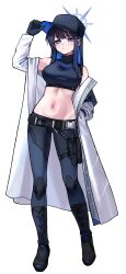 Rule 34 | 1girl, :/, absurdres, baseball cap, belt, black belt, black boots, blue archive, blue eyes, blue gloves, blue hair, blue halo, blue hat, blue pants, blue shirt, blush, boots, breasts, buckle, chest harness, closed mouth, coat, commentary request, crop top, full body, gloves, halo, hamaing001, hand in pocket, hand on headwear, harness, hat, highres, knife, knife sheath, korean commentary, large breasts, latin text, long hair, long sleeves, looking at viewer, navel, off shoulder, open clothes, open coat, pants, saori (blue archive), sheath, sheathed, shirt, simple background, sleeveless, sleeveless shirt, snap-fit buckle, solo, standing, tachi-e, thigh sheath, white background, white coat