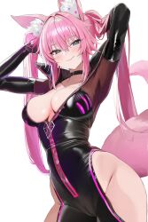 1girl animal_ear_fluff animal_ears arms_up black_choker black_gloves blue_eyes breasts cameltoe choker cleavage commentary cosplay dress elbow_gloves english_commentary fate/grand_order fate_(series) fox_ears fox_girl fox_tail gloves hair_between_eyes high_collar highleg highleg_dress highres indie_virtual_youtuber koyanskaya_(assassin)_(first_ascension)_(fate) koyanskaya_(fate) koyanskaya_(fate)_(cosplay) kwando large_breasts no_panties pink_hair popped_collar preview_(preview0) shiny_clothes side_slit tail tamamo_(fate) two_side_up unzipped virtual_youtuber zipper zipper_dress zipper_pull_tab