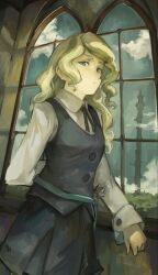 Rule 34 | 1girl, absurdres, arched window, blonde hair, blue eyes, collared shirt, diana cavendish, highres, kornod, little witch academia, long hair, long sleeves, looking at viewer, luna nova school uniform, school uniform, shirt, solo, white shirt, window