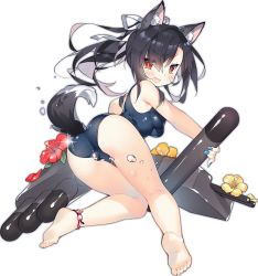 &gt;:d 1girl :d alternate_costume animal_ears ass azur_lane bare_legs barefoot black_hair eyes_visible_through_hair female_focus full_body holding kneepits long_hair looking_at_viewer machinery nail_polish official_art one-piece_swimsuit open_mouth ponytail red_eyes saru school_swimsuit shigure_(attack_i-490!)_(azur_lane) shigure_(azur_lane) simple_background smile solo swimsuit tail torpedo torpedo_tubes transparent_background v-shaped_eyebrows water_drop wolf_ears wolf_tail