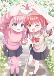 Rule 34 | 2girls, black skirt, blue eyes, blush, bocchi the rock!, bow, bowtie, brown shoes, cube hair ornament, falling petals, flower, garden, gotoh hitori, hair ornament, haruiroha, heart, heart hands, heart hands duo, highres, jacket, kita ikuyo, leg up, long hair, multiple girls, one eye closed, pants, petals, pink hair, pink jacket, pink pants, pink track suit, red bow, red bowtie, red hair, school uniform, selfie, selfie stick, shoes, shuka high school uniform, side ahoge, side ponytail, sidewalk, skirt, socks, track suit, v, white flower, white socks, yellow eyes, yuri