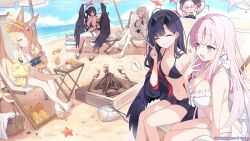 ! &lt;|&gt;_&lt;|&gt; 6+girls ? animal_ear_fluff animal_ears bare_arms bare_legs bare_shoulders barefoot beach beach_umbrella belt bikini black_bikini black_hair black_hat black_one-piece_swimsuit black_sandals black_shirt black_shorts black_wings blonde_hair blue_archive blue_sky blush breasts cleavage closed_eyes closed_mouth cloud commentary_request copyright_logo copyright_name copyright_notice crazy_straw crossed_legs cup day drinking_straw english_text eyewear_on_head feathered_wings food fox_ears fox_girl fox_tail frilled_bikini frills fruit grin hair_behind_ear hair_bun hair_over_one_eye halo hand_up handheld_game_console hasumi_(blue_archive) hasumi_(swimsuit)_(blue_archive) hat head_wings heart heart_straw highleg highleg_bikini highleg_one-piece_swimsuit highres holding holding_cup holding_handheld_game_console holding_plate horizon ichika_(blue_archive) ichika_(swimsuit)_(blue_archive) koharu_(blue_archive) large_breasts long_bangs long_hair looking_at_another looking_at_viewer low_wings marshmallow mika_(blue_archive) mika_(swimsuit)_(blue_archive) misyune multiple_girls nagisa_(blue_archive) nagisa_(swimsuit)_(blue_archive) navel ocean official_alternate_costume official_alternate_hairstyle official_art one-piece_swimsuit open_fly open_mouth orange_(fruit) orange_slice outdoors parfait pink_eyes pink_hair plate purple_halo red_eyes red_halo roasted_marshmallow sandals second-party_source seia_(blue_archive) seia_(swimsuit)_(blue_archive) shirt shorts side_ponytail sitting sky small_breasts smile spoken_character spoken_exclamation_mark stomach sunglasses swimsuit tail teacup twintails umbrella unworn_sandals visor_cap white_bikini white_one-piece_swimsuit white_sandals white_wings wings yellow_eyes yellow_halo yellow_sandals