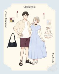Rule 34 | 1boy, 1girl, blonde hair, blue dress, blue eyes, brown hair, cinderella (disney character), cinderella (disney movie), contemporary, dress, earrings, full body, hair bun, hairband, highres, jewelry, long hair, looking at viewer, meecosme, prince charming (disney), short hair, smile