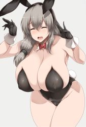 Rule 34 | 1girl, animal ears, bare shoulders, black gloves, black leotard, bow, breasts, cameltoe, closed eyes, covered erect nipples, detached collar, fake animal ears, gloves, grey background, grey hair, groin, hair between eyes, hands up, highres, leaning forward, leotard, mature female, open mouth, playboy bunny, rabbit ears, rabbit tail, red bow, simple background, solo, strapless, strapless leotard, tail, thick thighs, thighs, tongue, tsukasawa takamatsu, uzaki-chan wa asobitai!, uzaki tsuki, wide hips