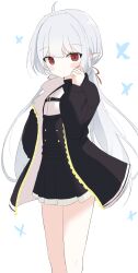 1girl absurdres character_request check_character check_copyright copyright_request highres jacket long_hair open_clothes open_jacket pleated_skirt pointy_ears red_eyes simple_background skirt solo user_yths2234 white_hair