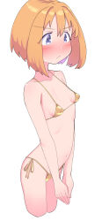 1girl :/ absurdres alice_margatroid bikini blonde_hair blue_eyes blush bob_cut breasts closed_mouth cookie_(touhou) cowboy_shot cropped_legs gold_bikini highres looking_afar micro_bikini navel own_hands_together pyukasshori short_hair simple_background small_breasts solo swimsuit taisa_(cookie) touhou white_background