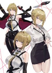 1girl absurdres alternate_costume armpits black_choker black_jacket black_necktie black_pants blonde_hair breasts chest_harness choker closed_mouth commentary elbow_gloves evelyn_chevalier gloves hair_up harness high-waist_pants highres jacket large_breasts looking_at_viewer loose_necktie maanu multiple_views necktie pants parted_lips pencil_skirt purple_eyes reaching reaching_towards_viewer shirt sidelocks single_elbow_glove skirt smile tight_clothes tight_pants white_background white_shirt yellow_necktie zenless_zone_zero