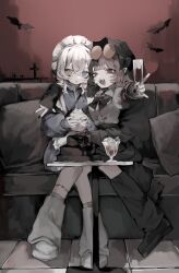 2girls \n/ absurdres apron arm_around_shoulder bad_id bad_twitter_id bags_under_eyes bat_(animal) black_bonnet black_bow black_bowtie black_shoes blood blue_eyes blueberry bonnet booth_seating bow bowtie brown_hair cake champagne_flute cherry cross crossed_bangs cup dress drinking_glass ear_piercing earclip eyewear_on_head fangs food fruit green_eyes highres ice_cream jacket jewelry leg_warmers maid_headdress manuka_x_x multicolored_nails multiple_girls open_mouth original piercing pointy_ears red_eyes ring round_eyewear shoes sitting stapled strawberry sundae table tongue_piercing vampire white_hair white_shoes