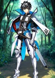 1boy arm_at_side arm_belt armor armored_boots armored_gloves asymmetrical_armor asymmetrical_sleeves belt belt_buckle black_hair black_pants black_shirt blue_eyes boots bracer brown_belt buckle capelet charlemagne_(fate) charlemagne_(first_ascension)_(fate) chest_belt clenched_hand closed_mouth collared_capelet fate/grand_order fate_(series) feet_out_of_frame game_cg gauntlets green_background hair_between_eyes hand_on_own_hip high_collar joyeuse_ordre_(fate) leg_armor legs_apart looking_at_viewer male_focus multicolored_hair official_art pants popped_collar puffy_sleeves sheath sheathed shirt short_hair single_bracer single_gauntlet smile solo spiked_hair standing streaked_hair sweater_guard third-party_source two-sided_capelet two-tone_hair variant_set wada_arco waist_cape white_armor white_boots white_capelet white_hair