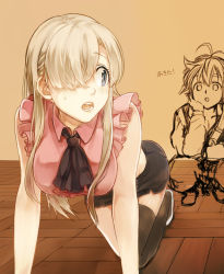 Rule 34 | 1boy, 1girl, all fours, ascot, asymmetrical legwear, awa (12687414), bad id, bad pixiv id, basketweave, black ascot, black skirt, black thighhighs, blue eyes, collared shirt, elizabeth liones, embarrassed, hair over one eye, high heels, indoors, long hair, looking at another, looking back, meliodas, microskirt, midriff, miniskirt, nanatsu no taizai, pencil skirt, pink shirt, pumps, shiny skin, shirt, silver hair, single thighhigh, skirt, sleeveless, squatting, straight hair, sweatdrop, thighhighs, translation request, uneven legwear, very long hair, white footwear, wing collar, wooden floor, zettai ryouiki