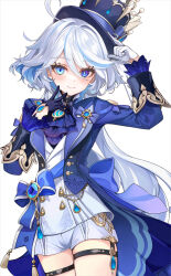 1girl ahoge ascot asymmetrical_gloves black_gloves blue_ascot blue_coat blue_eyes blue_hair blue_hat blue_pupils blue_sash broom coat commentary cowboy_shot dated_commentary drop-shaped_pupils furina_(genshin_impact) genshin_impact gloves hair_between_eyes hand_on_own_hat hat heterochromia highres jacket long_hair long_sleeves looking_at_viewer mismatched_gloves multicolored_hair open_clothes open_coat sash shirokitsune shirt short_shorts shorts simple_background smile solo streaked_hair symbol-shaped_pupils top_hat two-tone_hair white_gloves white_hair white_jacket white_shirt white_shorts