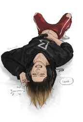 1boy black_hair black_hoodie blonde_hair clenched_teeth clothes_lift controller freaka_loonyz game_controller haikyuu!! headphones highres holding holding_controller hood hoodie kozume_kenma long_sleeves male_focus multicolored_hair navel navel_hair one_eye_closed pants red_pants roots_(hair) shirt_lift short_hair simple_background socks solo teeth torn_clothes torn_pants two-tone_hair upside-down white_background white_socks yellow_eyes
