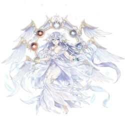1girl bare_shoulders barefoot blue_eyes blue_hair braid breasts date_a_live date_a_live:_spirit_pledge dress flower full_body hair_between_eyes hair_flower hair_ornament leaf long_hair non-web_source outstretched_arms see-through_clothes see-through_dress smile solo stuffed_animal stuffed_toy takamiya_mio teddy_bear white_dress white_flower white_leaves