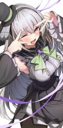 1girl ;d absurdres bare_shoulders black_dress black_hairband black_hat black_pantyhose blue_archive blush breasts center_frills commentary_request cowboy_shot detached_sleeves double_v dress dutch_angle fang frilled_dress frilled_sleeves frills furrowed_brow grey_dress grey_hair hairband hands_up hat heart highres idol idol_clothes large_breasts long_hair long_sleeves looking_at_viewer lower_teeth_only nojikorirakkusu official_alternate_costume one_eye_closed open_mouth pantyhose purple_eyes sakurako_(blue_archive) sakurako_(idol)_(blue_archive) simple_background skin_fang sleeveless sleeveless_dress smile solo straight_hair sweat teeth tongue top_hat two-tone_dress v v_over_eye very_long_hair white_background wide_sleeves