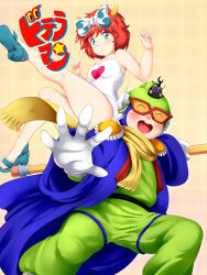Rule 34 | 1boy, 1girl, :d, blue jacket, bow, copyright name, doteraman, doteraman (character), gloves, goggles, green pants, hair bow, helmet, highres, horns, jacket, leotard, open mouth, pants, red hair, scarf, smile, suzuki manami, white gloves, yellow background, yellow horns, yellow scarf, yomitrooper