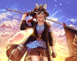 Rule 34 | 1girl, absurdres, animal ears, belt, black gloves, black hair, black shorts, blue eyes, blue shirt, clenched hand, collarbone, commentary request, cowboy shot, ear covers, flag, flagpole, gaman, gloves, hair between eyes, hair ornament, highres, holding, holding pole, horse ears, horse girl, horse tail, jacket, katsuragi ace (umamusume), letterboxed, long sleeves, medium hair, multicolored hair, open mouth, over shoulder, pink belt, pole, ponytail, shirt, shorts, smile, solo, sparkle, standing, streaked hair, tail, tassel, tassel hair ornament, two-tone gloves, umamusume, white hair