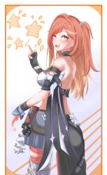 1girl :d absurdres back blue_eyes breasts erasumo3821 fingerless_gloves gloves highres honkai_(series) honkai_impact_3rd large_breasts long_hair looking_at_viewer looking_back open_mouth orange_hair senadina senadina_(deepspace_anchor:_first_light) sideboob single_glove smile solo star_(symbol) strapless tube_top v