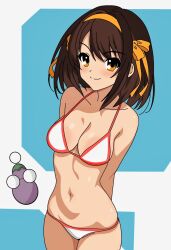 1girl arms_behind_back artist_logo bikini breasts brown_eyes brown_hair cleavage closed_mouth cowboy_shot hairband highres logo looking_at_viewer medium_breasts medium_hair navel orange_hairband red_trim smile solo stomach suzumiya_haruhi suzumiya_haruhi_no_yuuutsu swimsuit white_bikini yuiyu_ki