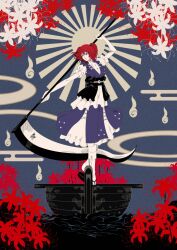 Rule 34 | 1girl, blue background, boat, breasts, cleavage, flower, full body, geta, hair bobbles, hair ornament, highres, hitodama, japanese clothes, obi, onozuka komachi, puffy short sleeves, puffy sleeves, red eyes, red hair, sash, scythe, short sleeves, solo, spider lily, standing, sunburst, tabi, touhou, watercraft, yamada satoshi