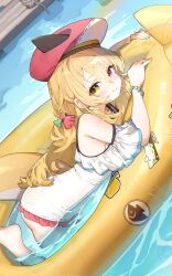 1girl ass bad_source bare_shoulders barefoot blonde_hair bracelet braid day detached_sleeves dutch_angle feet feet_out_of_frame fins fish_tail frills from_side full_body hair_between_eyes hat heterochromia highres holding holding_swim_ring in_water indie_virtual_youtuber innertube jewelry kaofish long_bangs long_hair looking_at_viewer ocean official_art one-piece_swimsuit rainbow red_eyes sailor_hat seashell shark_tail shell shell_hair_ornament smile swim_ring swimsuit tail white_one-piece_swimsuit yellow_eyes