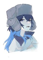 1girl absurdres blue_eyes blue_hair cloak cropped_shoulders crossed_bangs crying crying_with_eyes_open enigmatic_recollection fang hair_between_eyes hashtag-only_commentary hat highres hololive hololive_english hunk_404 long_hair looking_at_viewer open_mouth ouro_kronii simple_background solo tears ushanka virtual_youtuber white_background white_cloak