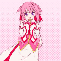 Rule 34 | 1girl, :d, ahoge, animal ears, bow, breasts, dog days, dog ears, dog girl, dog tail, dress, gloves, hair bow, hands on own chest, kikuchi tsutomu, long dress, medium breasts, millhiore f. biscotti, open mouth, pink background, pink dress, pink hair, polka dot, polka dot background, purple eyes, red bow, short hair, sleeveless, sleeveless dress, smile, solo, standing, tail, white gloves