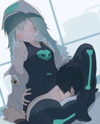 Rule 34 | 1boy, 1girl, absurdres, antonina (neural cloud), aqua hair, arm around back, black hair, black tank top, black thighhighs, blush, censored, collarbone, faceless, faceless female, full body, girls&#039; frontline, girls&#039; frontline neural cloud, hair between eyes, hat, headlock, heavy breathing, hetero, highres, interlocked fingers, jacket, long hair, mosaic censoring, off shoulder, parted lips, professor (neural cloud), ryunosuke nikaido, saliva, short hair, skull, tank top, thighhighs, white hat, white jacket