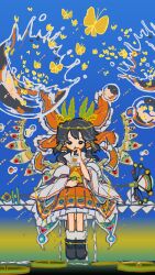Rule 34 | 1girl, absurdres, ascot, black eyes, black hair, black shoes, blowing bubbles, blue background, bow, bubble pipe, bug, butterfly, commentary, detached sleeves, full body, gohei, hair bow, hakurei reimu, highres, holding, insect, legs together, long hair, long sleeves, looking at viewer, neruzou, pleated skirt, red bow, red skirt, shoes, sitting, skirt, socks, solo, straight-on, touhou, white sleeves, white socks, wide sleeves, wings, yellow ascot, yellow butterfly