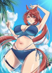 1girl animal_ears arm_up armpits bikini blue_bikini blue_eyes blue_sky blush breasts brown_hair cloud commentary_request cowboy_shot day hair_between_eyes highres horse_ears horse_girl horse_tail large_breasts long_hair looking_at_viewer navel oekakikamui open_mouth palm_tree side-tie_bikini_bottom sky smile solo super_creek_(umamusume) swimsuit tail thigh_strap tree umamusume water