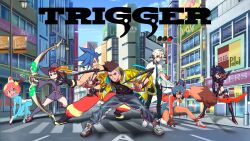 agata_katsuhira brand_new_animal crossover cyberpunk_(series) cyberpunk_edgerunners david_martinez emiladylbekuulu galo_thymos highres kagari_atsuko kagemori_michiru kill_la_kill kiznaiver little_witch_academia logo luluco matoi_ryuuko multiple_crossover non-web_source promare simple_background studio_trigger transparent_background trigger_(company) uchuu_patrol_luluco