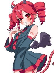 1girl ahoge bare_shoulders blush breast_pocket buttons cowboy_shot detached_sleeves drill_hair from_side grey_shirt grey_skirt grin hand_up haru_maron highres horns kasane_teto kasane_teto_(utau) long_sleeves looking_at_viewer looking_to_the_side miniskirt pocket red_eyes red_hair shirt simple_background skirt sleeveless sleeveless_shirt smile solo standing tail twin_drills utau white_background wings