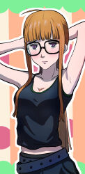1girl absurdres ahoge armpits arms_up belt black-framed_eyewear black_belt black_tank_top blunt_bangs breasts cleavage closed_mouth collarbone glasses highres hwsushi233 lips long_sidelocks midriff orange_hair persona persona_5 purple_eyes raised_eyebrows sakura_futaba sidelocks small_breasts solo tank_top