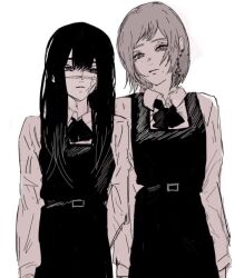 Rule 34 | 2girls, chainsaw man, closed mouth, collared shirt, dress, earrings, facial scar, fami (chainsaw man), fourth east high school uniform, greyscale, highres, jewelry, long hair, long sleeves, looking at viewer, me ku ji ra, medium hair, mole, mole under mouth, monochrome, multiple girls, pinafore dress, ringed eyes, scar, scar on cheek, scar on face, scar on nose, school uniform, shirt, sleeveless, sleeveless dress, yoru (chainsaw man)