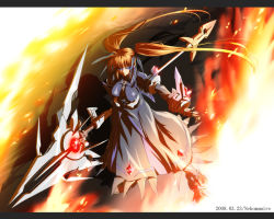 Rule 34 | 00s, 1girl, 2008, alternate color, alternate weapon, artist name, dark persona, dated, female focus, fingerless gloves, fire, gloves, jacket, letterboxed, lyrical nanoha, magazine (weapon), magical girl, mahou shoujo lyrical nanoha, mahou shoujo lyrical nanoha strikers, nekomamire, open clothes, open jacket, purple eyes, raising heart, red hair, solo, takamachi nanoha, twintails, weapon, white devil