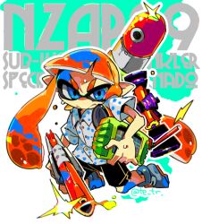 Rule 34 | 1girl, black shorts, blue eyes, blunt bangs, closed mouth, gun, holding, holding gun, holding weapon, inkling, inkling girl, inkling player character, kneeling, long hair, n-zap (splatoon), nintendo, orange hair, pointy ears, polka dot, polka dot shirt, shirt, short sleeves, shorts, solo, splatoon (series), tentacle hair, tetori, twitter username, weapon