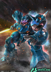 Rule 34 | bandai, energy sword, commentary request, damaged, debris, dirty, emblem, english text, glowing, glowing eye, gundam, gundam 0080, gundam arsenal base, hukutuuprunes, kampfer (mobile suit), lens flare, machinery, mecha, mobile suit, no humans, official art, robot, roundel, science fiction, shoulder spikes, smoke, spikes, title, vernier thrusters, zeon