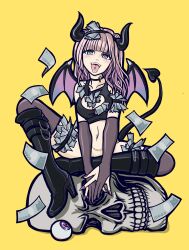 1girl bat_wings black_boots black_choker black_gloves black_hairband black_tank_top black_thighhighs boots breasts choker cleavage cleavage_cutout clothing_cutout collarbone demon_girl demon_horns demon_tail elbow_gloves fingerless_gloves fingernails full_body gloves gradient_hair green_eyes hairband heart heart-shaped_pupils high_heel_boots high_heels highres hio_makoto horns knee_boots knee_up looking_at_viewer midriff money multicolored_hair nail_polish navel no_panties open_mouth original piercing pink_hair pink_nails sharp_fingernails simple_background sitting skull solo symbol-shaped_pupils tail tank_top teeth thighhighs tongue tongue_out tongue_piercing upper_teeth_only wings yellow_background