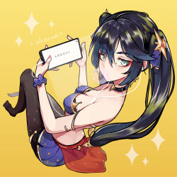 1girl absurdres adapted_costume artist_name black_choker black_hair black_pantyhose breasts cellphone choker commentary earphones english_commentary from_above genshin_impact green_eyes gula_atur_sendiri hair_between_eyes hair_ornament highres holding holding_phone long_hair looking_at_viewer medium_breasts meta mona_(genshin_impact) pantyhose perspective phone pleated_skirt purple_skirt skirt smartphone solo sparkle star_(symbol) star_hair_ornament twintails wrist_cuffs yellow_background