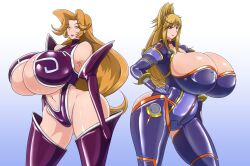 2girls ass blue_eyes bodysuit breasts choujuushin_gravion crossover curvy ekaterina female_focus gigantic_breasts gradient_background highleg highleg_leotard huge_ass leotard long_hair multiple_girls revealing_clothes shinkon_gattai_godannar!! shiny_skin smile tachibana_mizuki thighs thong_leotard wide_hips yasumon