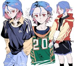 1boy absurdres blue_hair collared_shirt colored_inner_hair gundam gundam_gquuuuuux hands_in_pockets haro highres hood hooded_jacket jacket limeindatrap male_focus multicolored_hair multiple_views non-humanoid_robot pink_hair ponytail red_eyes robot shirt short_hair shorts shuji_ito simple_background solo_focus sparkle streetwear two-tone_hair white_background