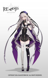 1girl :/ asymmetrical_legwear bare_shoulders black_dress black_gloves black_hairband black_shoes black_thighhighs black_wrist_cuffs copyright_name copyright_notice detached_sleeves dress elbow_gloves eyes_visible_through_hair flower flower_hairband frilled_hairband frilled_wrist_cuffs frills full_body furrowed_brow gloves hair_over_one_eye hairband hands_up high_heels highres logo long_hair looking_at_viewer lyria_(rememento) mismatched_legwear official_art purple_flower red_eyes rememento:_white_shadow shoes short_dress short_sleeves single_glove single_wrist_cuff sleeveless sleeveless_dress solo standing tachi-e thighhighs torn_clothes torn_thighhighs white_background white_hair white_thighhighs wide_sleeves wrist_cuffs zettai_ryouiki