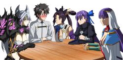 1boy 4girls atalanta_(fate) atalanta_alter_(fate) black_hair blush fate/grand_order fate_(series) fujimaru_ritsuka_(male) grey_hair highres martha_(fate) meltryllis_(fate) multiple_girls purple_hair sam_imbecile ushiwakamaru_(fate)