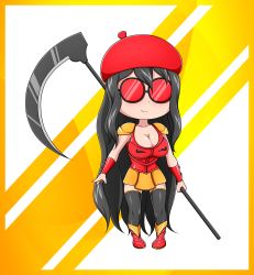 absurdres armor black_hair breasts chibi glasses highres large_breasts loreleth original scythe solo thighhighs