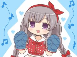 1girl :d bad_id bad_twitter_id blue_background blue_mittens bow braid commentary_request dress grey_hair hair_bow hairband hands_up idolmaster idolmaster_shiny_colors long_hair looking_at_viewer mittens musical_note open_mouth purple_eyes red_bow red_dress red_hairband reverse_(bluefencer) short_sleeves sidelocks smile solo twin_braids upper_body yukoku_kiriko