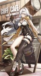 1girl absurdres asymmetrical_gloves bird bird_on_hand black_gloves black_shorts black_thighhighs boots breasts closed_mouth collar colored_shoe_soles commentary_request elbow_gloves fingerless_gloves full_body gloves grey_hair hair_ornament high-waist_shorts highres jacket large_breasts long_hair looking_at_viewer my_neighbor_totoro_yerby partial_commentary revision shirt shorts single_elbow_glove single_thighhigh solo thigh_strap thighhighs thighs uneven_gloves very_long_hair white_boots white_collar white_shirt yellow_jacket yixuan_(zenless_zone_zero) zenless_zone_zero