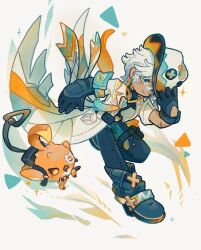 Rule 34 | 1boy, bandaged wings, blue boots, blue eyes, blue gloves, blue pants, boots, cacucu, commentary, cowboy hat, dark-skinned male, dark skin, full body, genshin impact, glove cutout, gloves, hair between eyes, harukui, hat, highres, ifa (genshin impact), male focus, neck tattoo, pants, parted lips, short hair, simple background, smile, solo, standing, standing on one leg, tattoo, white background, white hair, white hat