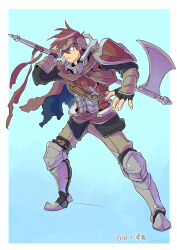 1boy alternate_costume armor armored_boots axe battle_axe boots clenched_teeth cosplay_request danganronpa_(series) danganronpa_v3:_killing_harmony facial_hair fire_emblem full_body gauntlets goatee highres holding holding_axe holding_weapon kumakoro_(tetsupag) looking_ahead male_focus momota_kaito nintendo o-ring short_hair solo teeth weapon